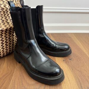 Zara Faux Patent Leather Chelsea Boots Black Block Heel 38 7.5